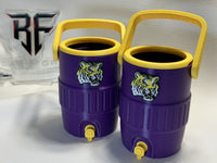 Two finished Baton Rouge purple and gold mini sideline coolers