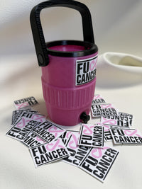 Pink mini sideline cooler can holder seen from the side with the black handle raised and the pink ribbon emblem facing forward