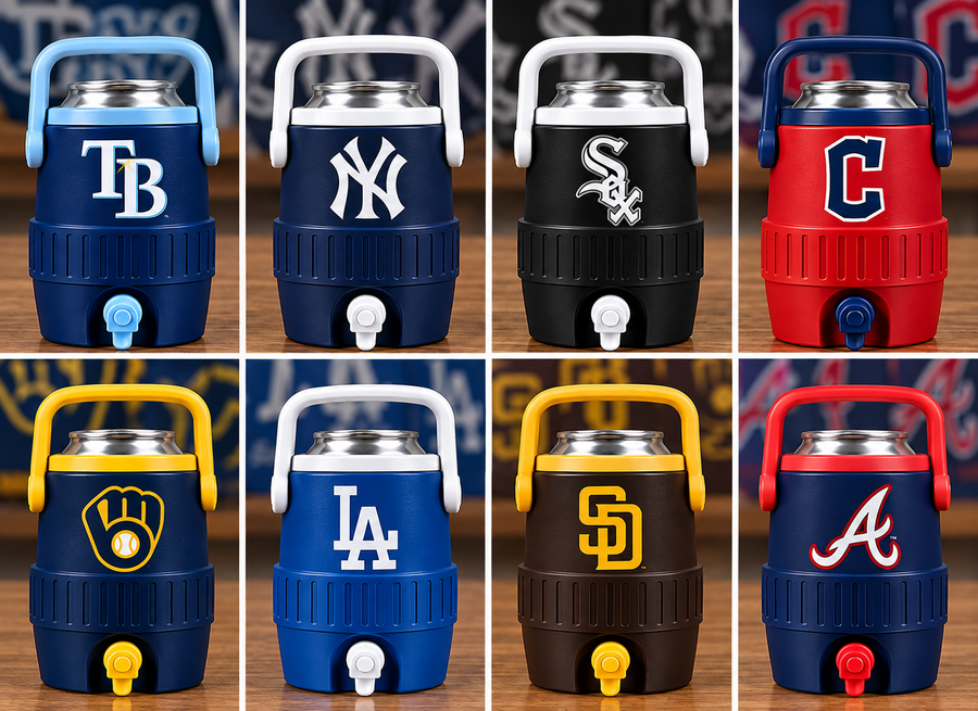 Mini sideline cooler can holders with the logos of the 8 MLB playoff teams