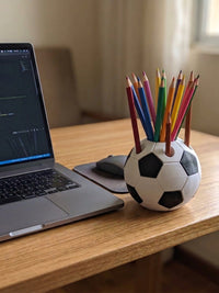 Soccer Ball Pen Holder on a desk