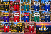 Sun Belt mini sideline cooler can holders in thirteen school color pairs