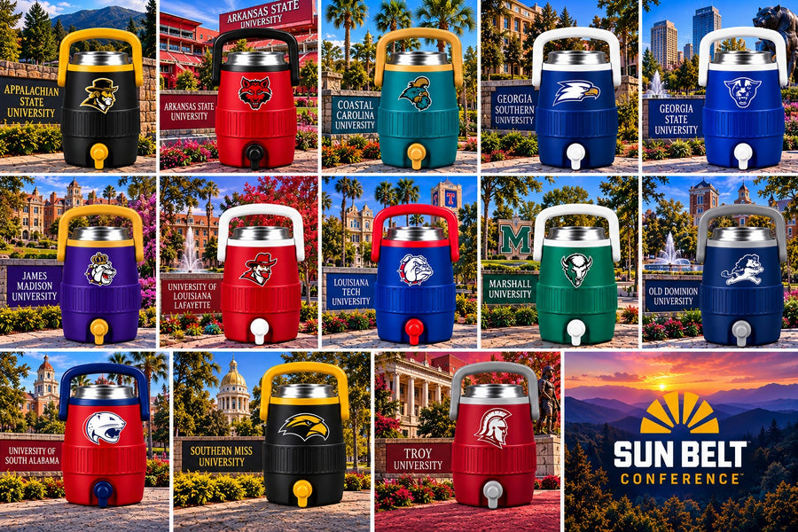 Sun Belt mini sideline cooler can holders in thirteen school color pairs